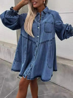 Oversized long sleeve button-up denim dress by Trendsi, featuring a casual fit and classic denim fabric.