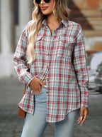 Women’s oversized plaid button-down shirt by Plush Fashion Hub, soft casual flannel top with a relaxed fit and trendy pattern.