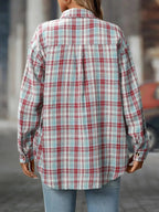 Oversized plaid button-down shirt for women by Plush Fashion Hub, soft casual flannel top with a relaxed fit and classic checkered pattern.