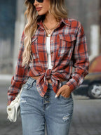 Oversized plaid button-down shirt for women by Plush Fashion Hub, featuring soft, casual flannel fabric and relaxed fit.
