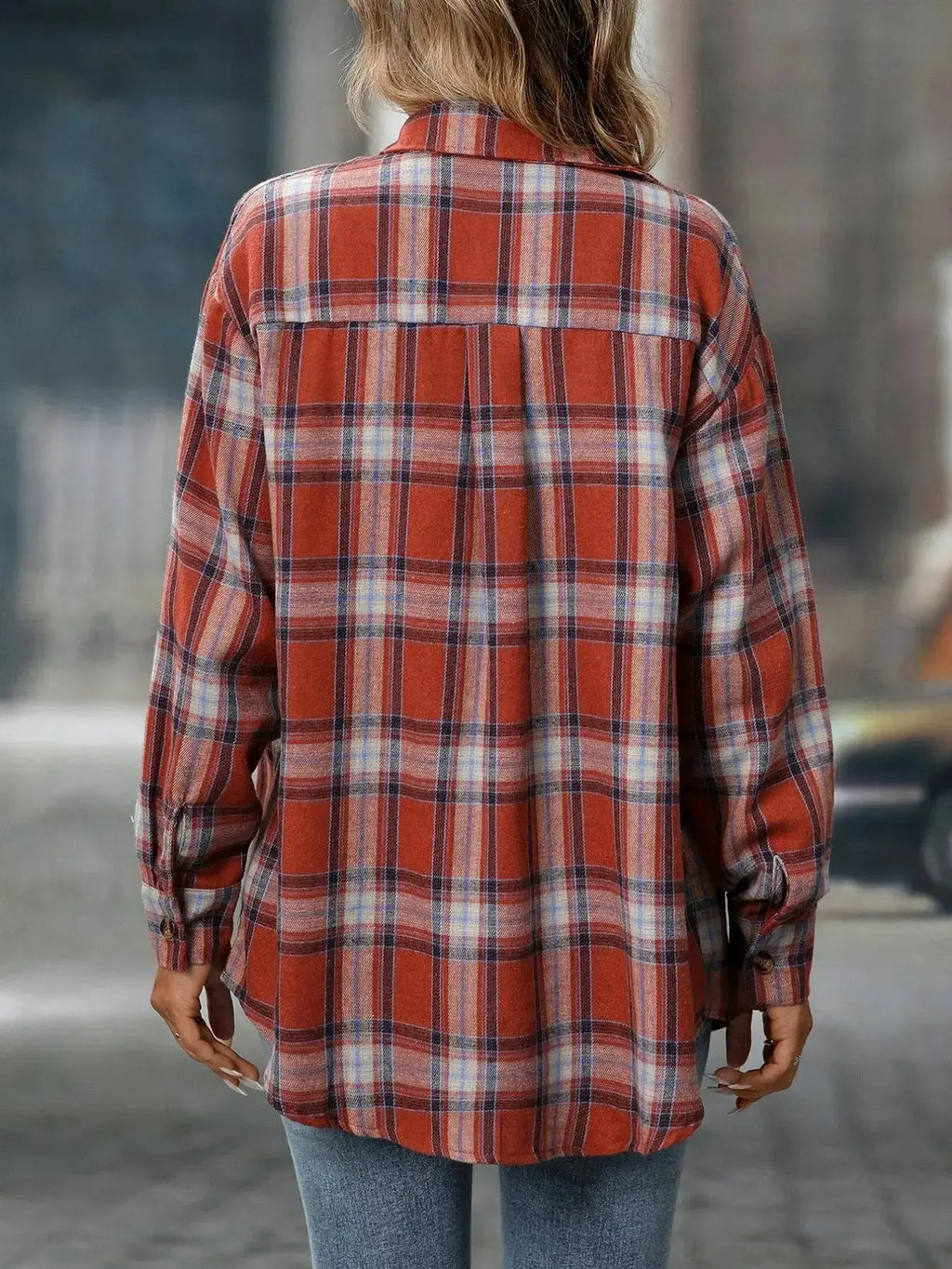 Oversized plaid button-down shirt for women by Plush Fashion Hub, featuring a soft casual flannel top with a relaxed fit.