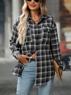 Oversized plaid button-down shirt for women by Plush Fashion Hub, featuring a soft, casual flannel top with a relaxed fit.