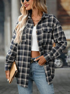 Soft oversized plaid button-down shirt for women by Plush Fashion Hub, casual flannel top with a relaxed fit and trendy design.