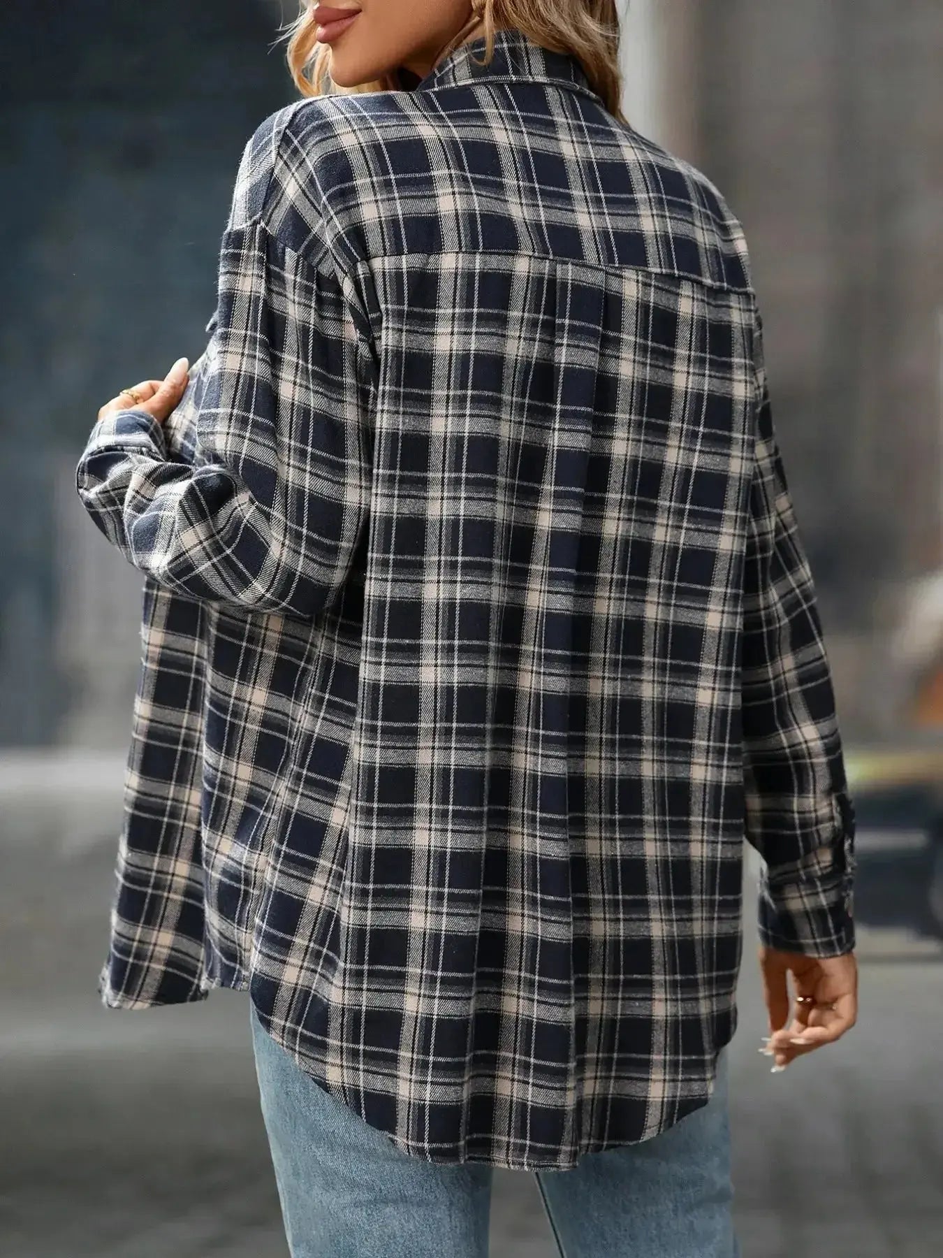 Soft oversized plaid button-down shirt for women by Plush Fashion Hub, featuring a casual flannel design and relaxed fit.