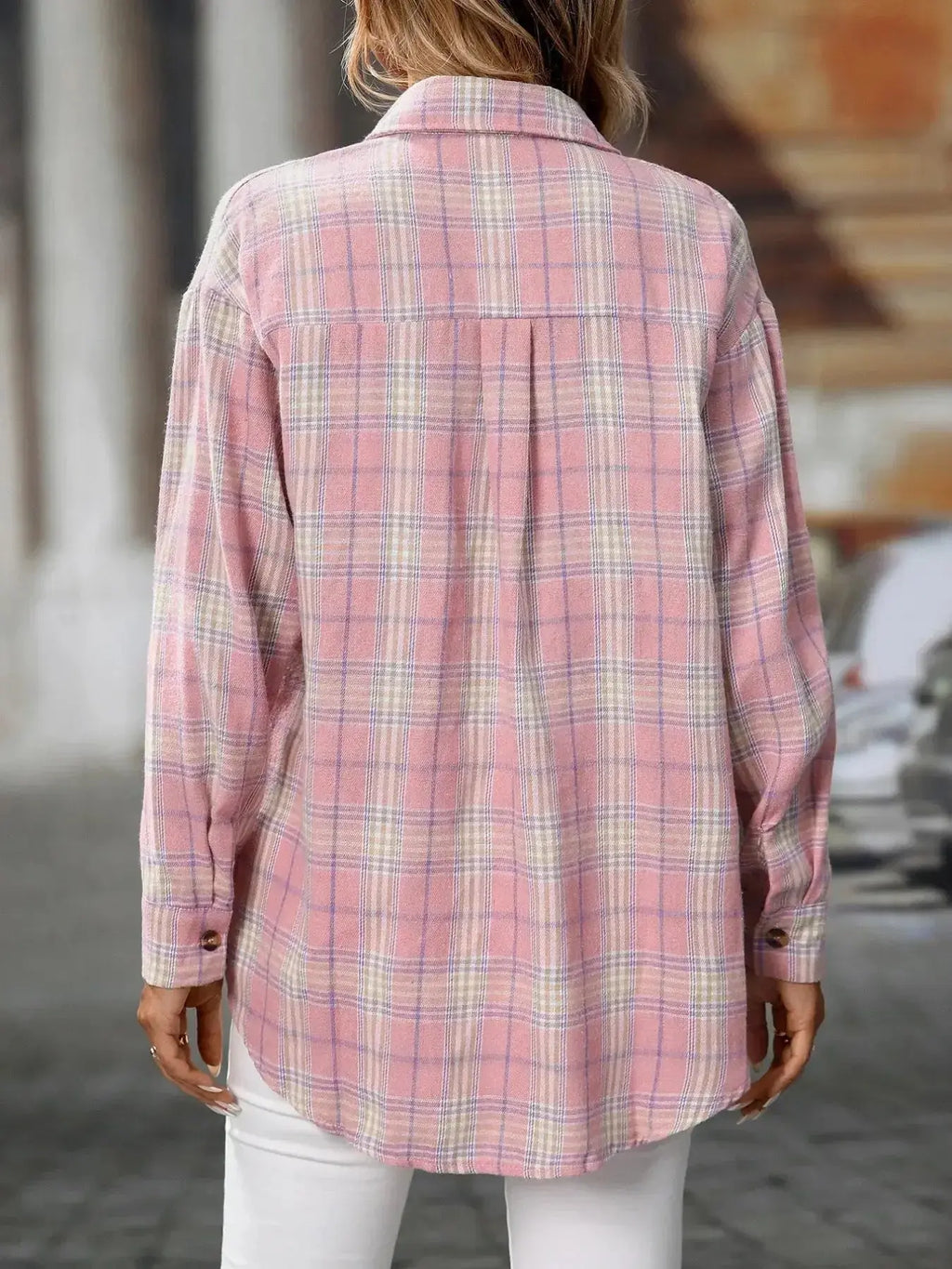 Plush Fashion Hub oversized plaid button-down shirt for women, soft casual flannel top with a relaxed fit and classic pattern.