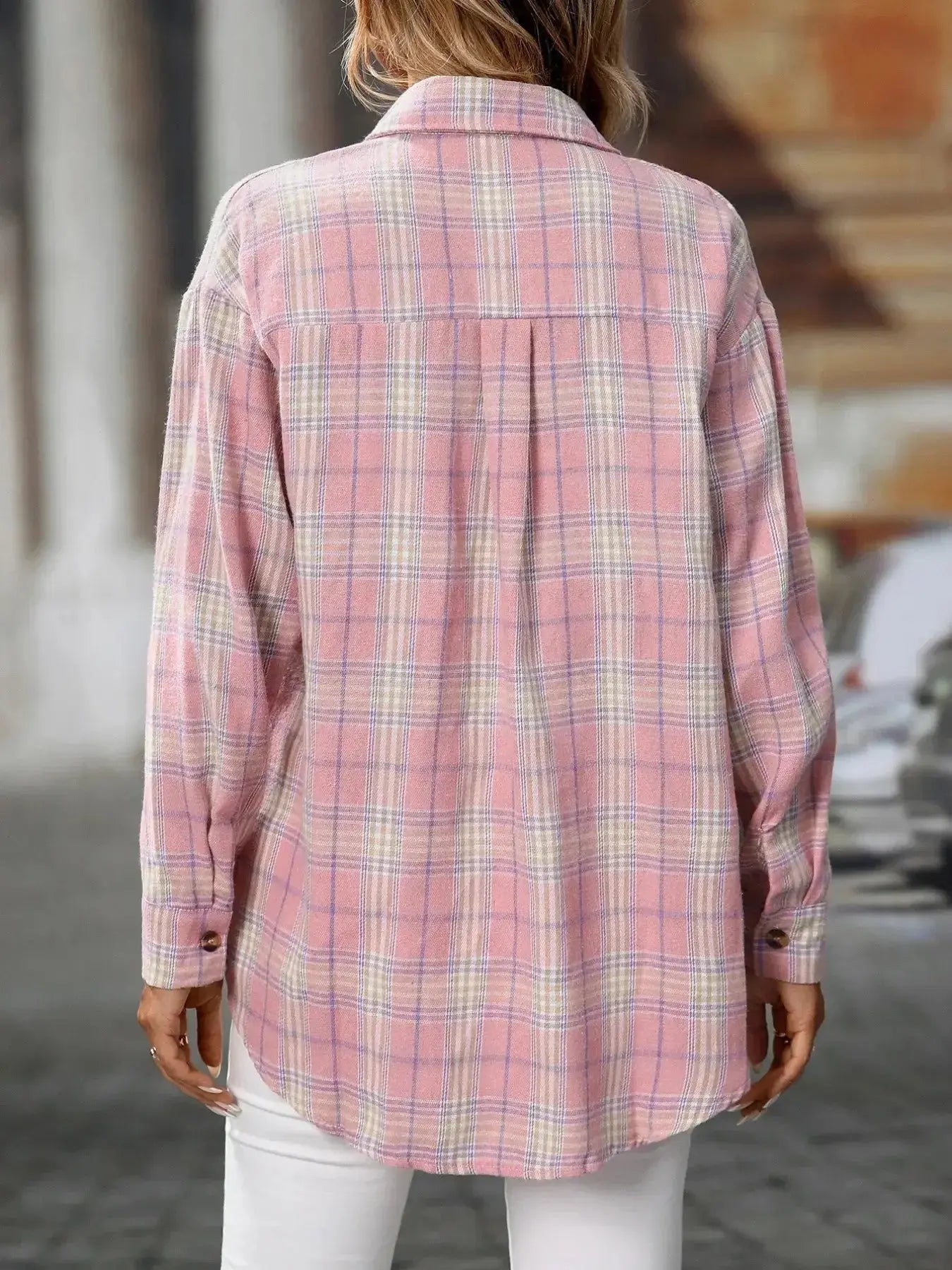 Plush Fashion Hub oversized plaid button-down shirt for women, soft casual flannel top with a relaxed fit and classic pattern.