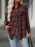 Oversized plaid button-down shirt for women by Plush Fashion Hub, soft casual flannel top with a relaxed fit and trendy pattern.