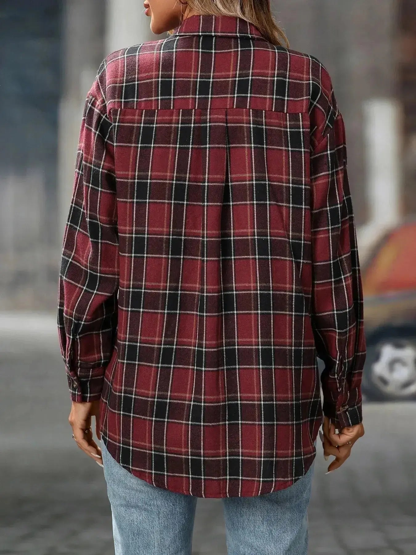Oversized plaid button-down shirt for women by Plush Fashion Hub, soft casual flannel top with a relaxed fit and trendy design.