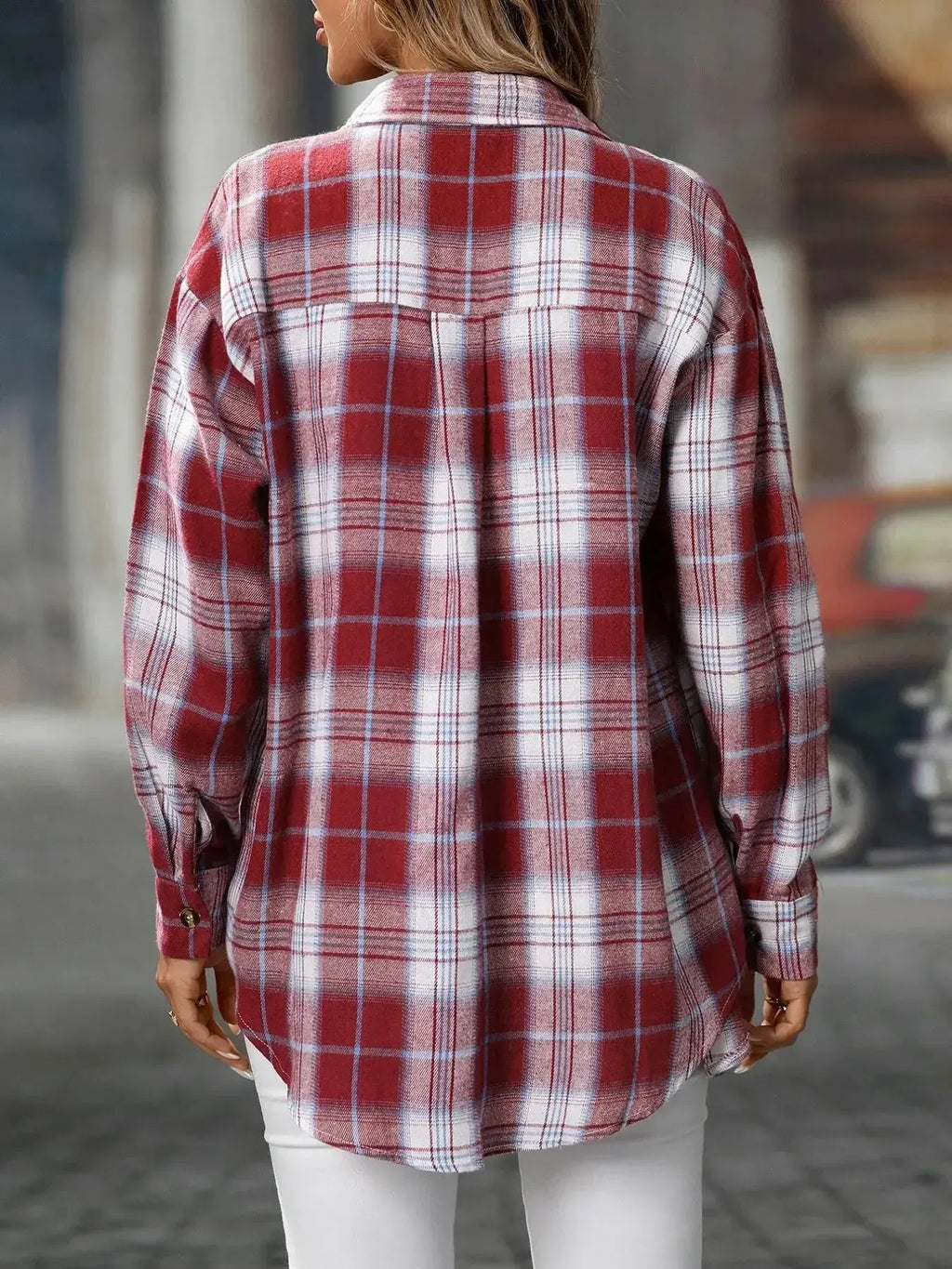 Oversized plaid button-down shirt for women by Plush Fashion Hub, soft casual flannel top with classic checkered pattern.