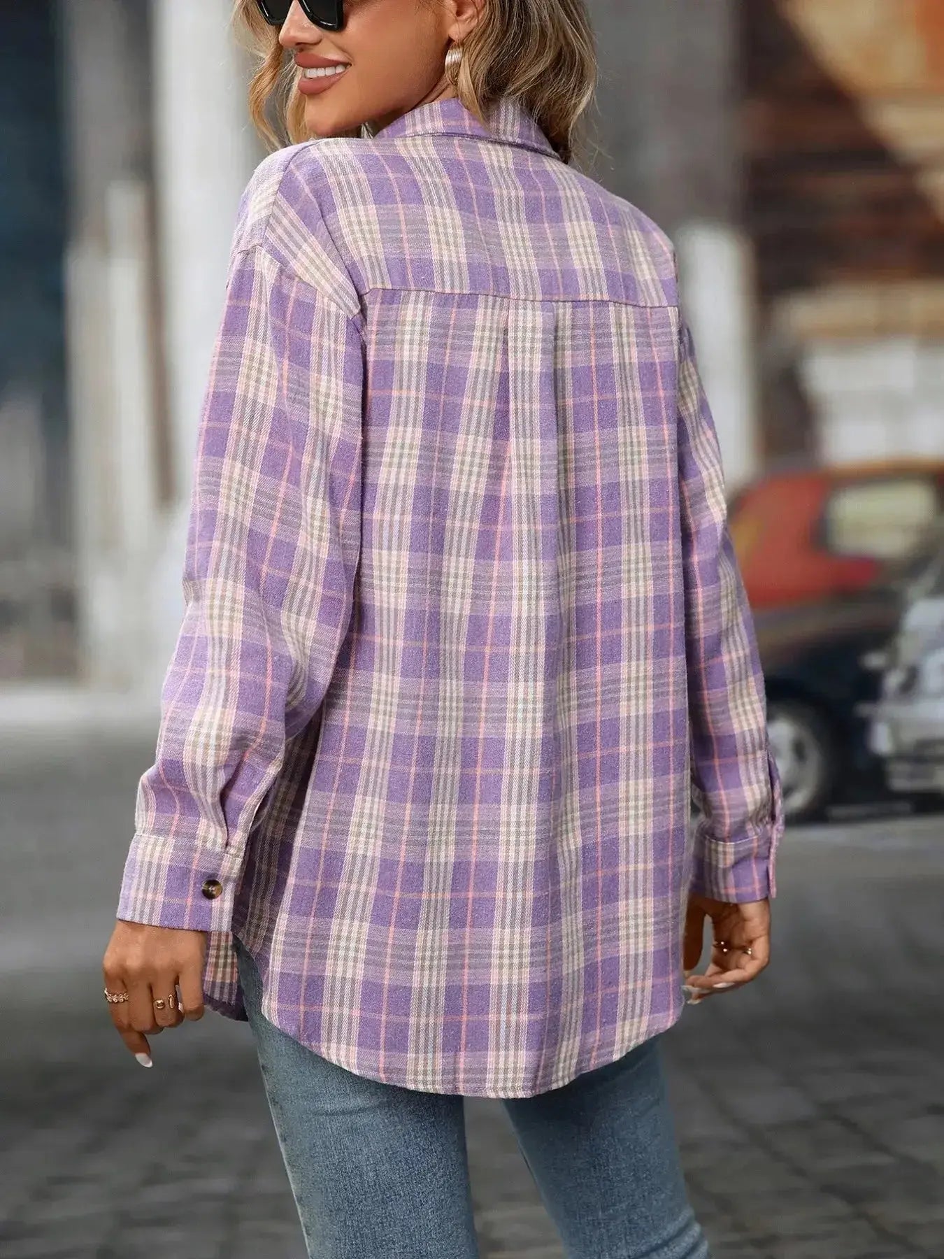 Soft oversized plaid button-down shirt for women by Plush Fashion Hub, casual flannel top with a relaxed fit and classic pattern.