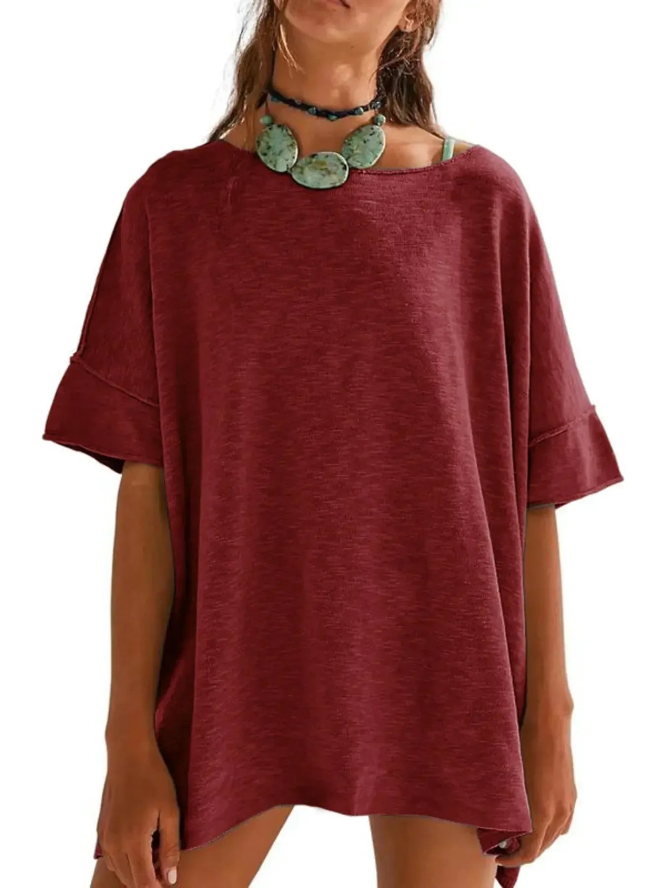 Oversized Round Neck Drop-Shoulder T-Shirt - Plush Fashion Hub
