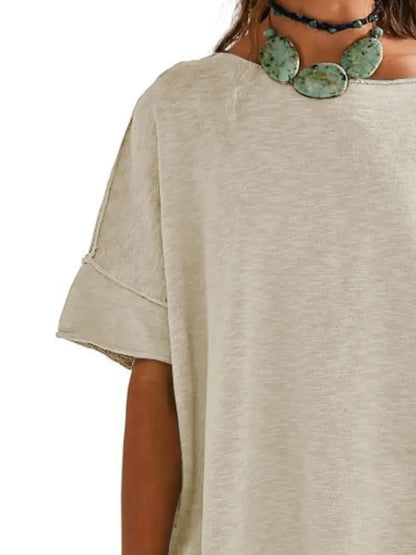 Oversized Round Neck Drop-Shoulder T-Shirt - Plush Fashion Hub