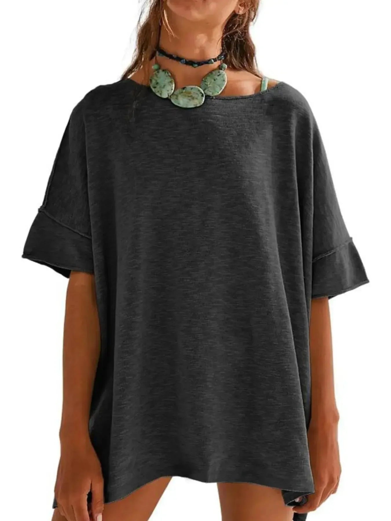 Oversized Round Neck Drop-Shoulder T-Shirt - Plush Fashion Hub