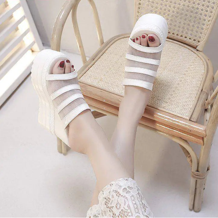 Women wedge heel platform sandals and rhinestone slippers with open toes, stylish and comfortable for summer wear.