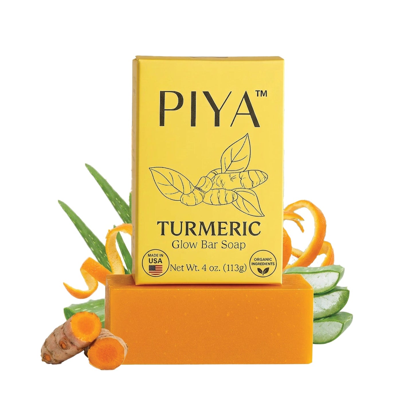 Turmeric Glow Bar Soap with yellow soap bar featuring the brand name and a natural turmeric scent, showcasing its cleansing design.