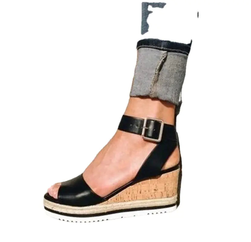 Korean style women's summer casual wedge peep-toe heels with open toes and stylish design, perfect for warm-weather outfits.
