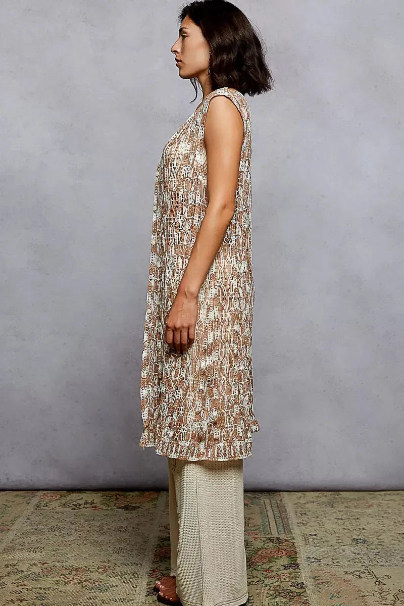 POL Metal Button Down Crochet Sleeveless Longline Cardigan - Plush Fashion Hub