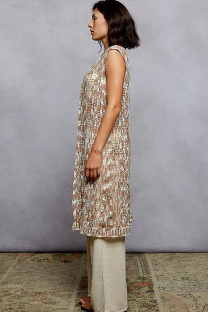 POL Metal Button Down Crochet Sleeveless Longline Cardigan - Plush Fashion Hub