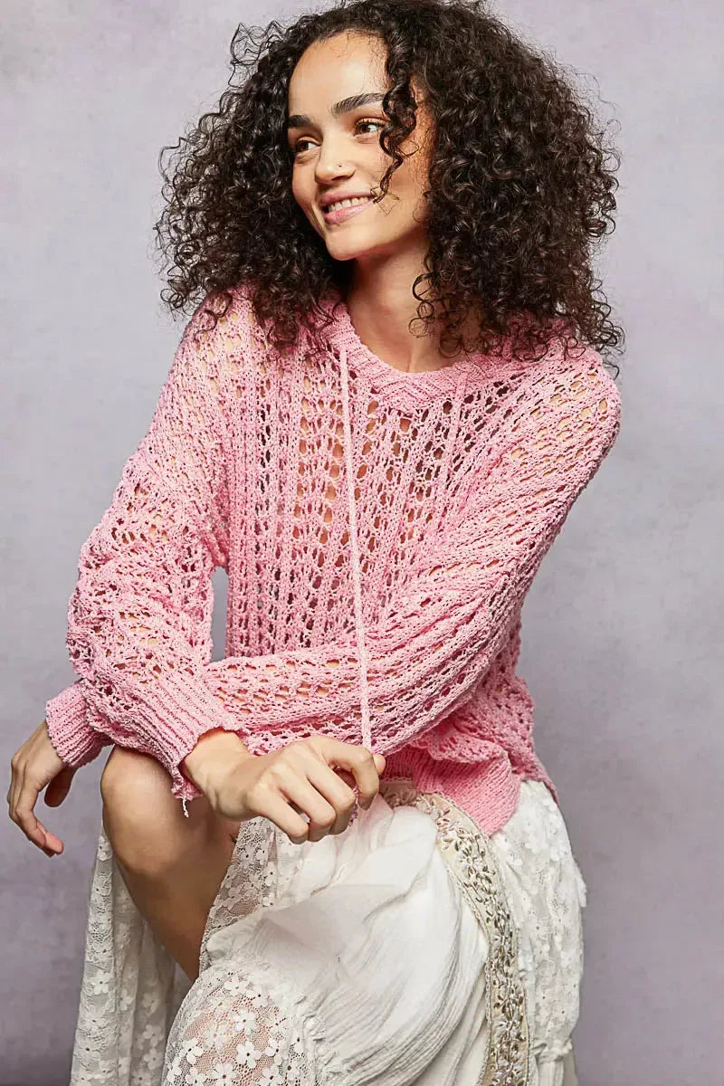 POL Openwork Round Neck High Low Knit Top - Plush Fashion Hub