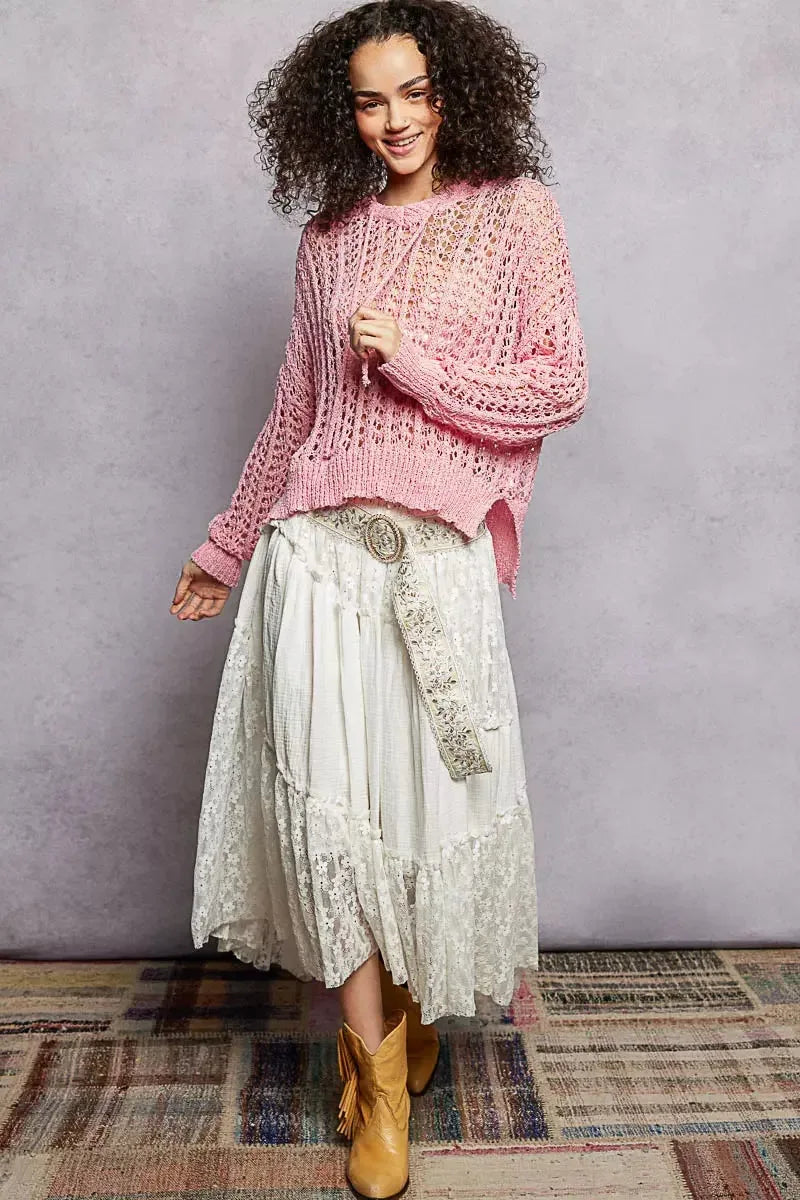 POL Openwork Round Neck High Low Knit Top - Plush Fashion Hub