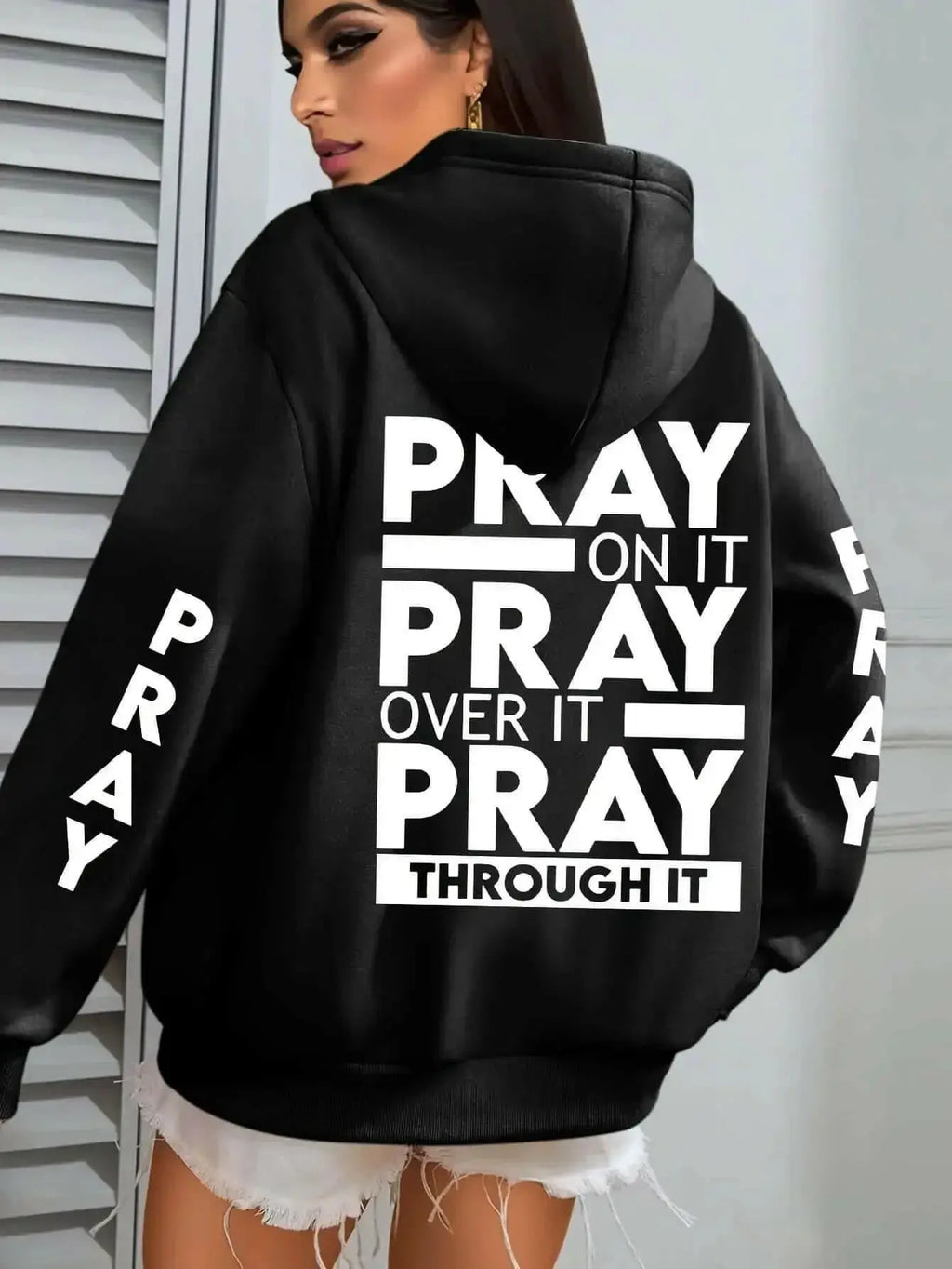 Plus size women's PRAY print kangaroo pocket hoodie by Plush Fashion Hub, cozy casual pullover with faith-themed design.