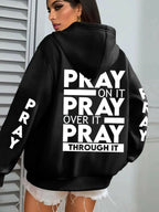 Plus size women's PRAY print kangaroo pocket hoodie by Plush Fashion Hub, cozy casual pullover with faith-themed design.