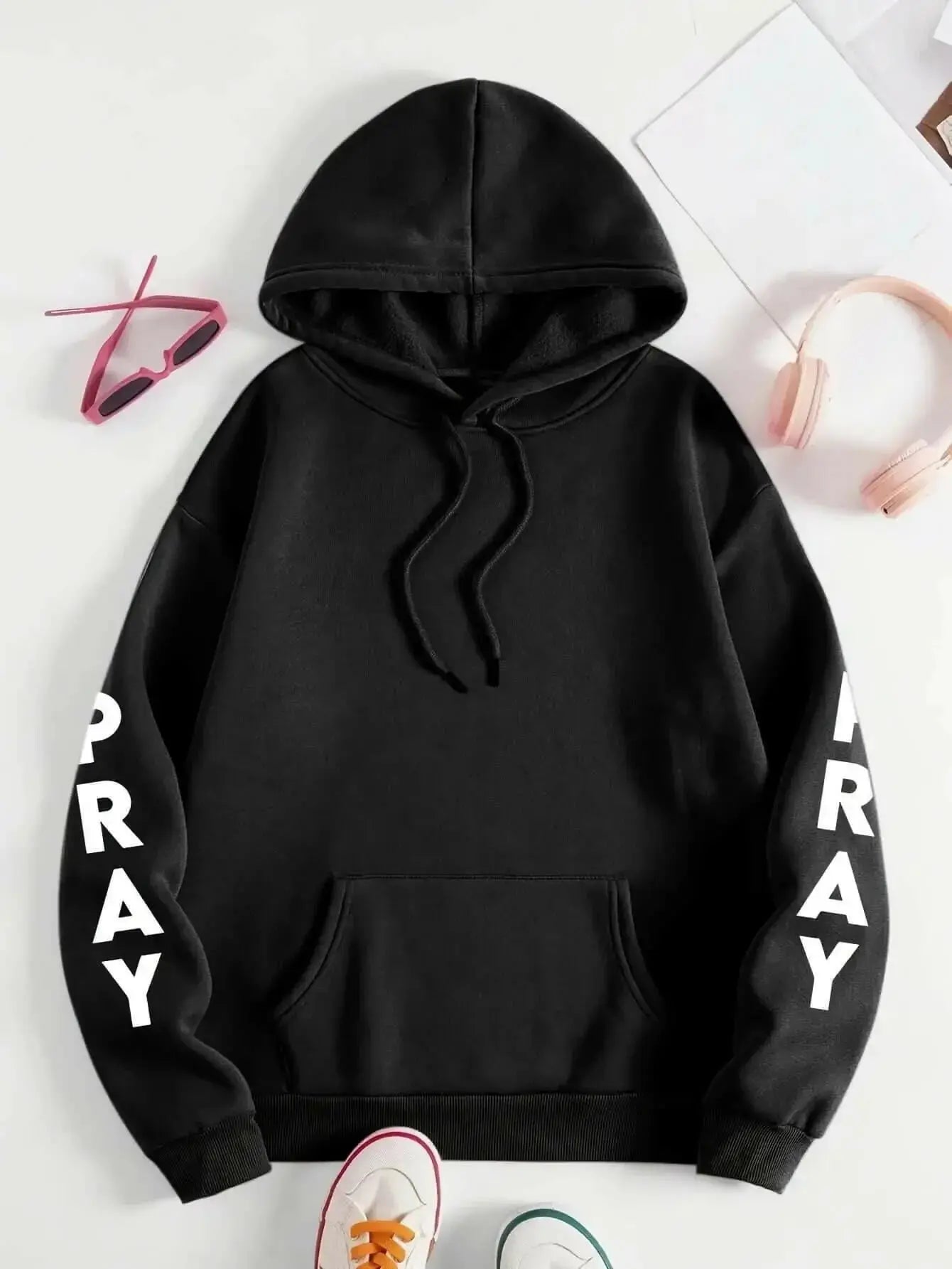 Plus size women's PRAY print hoodie with kangaroo pocket, cozy casual pullover by Plush Fashion Hub.