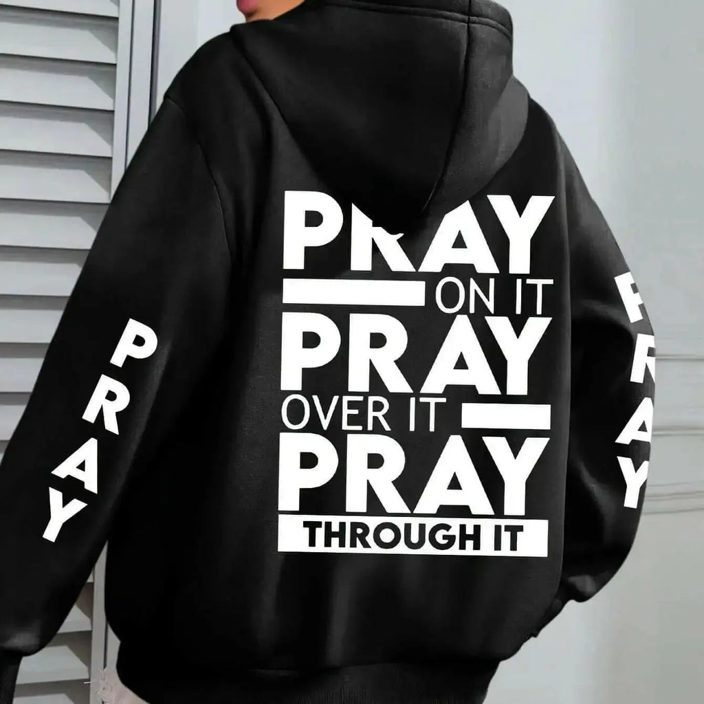 Plus size women's PRAY print kangaroo pocket hoodie by Plush Fashion Hub, cozy casual pullover with faith-themed design.