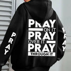 Plus size women's PRAY print kangaroo pocket hoodie by Plush Fashion Hub, cozy casual pullover with faith-themed design.
