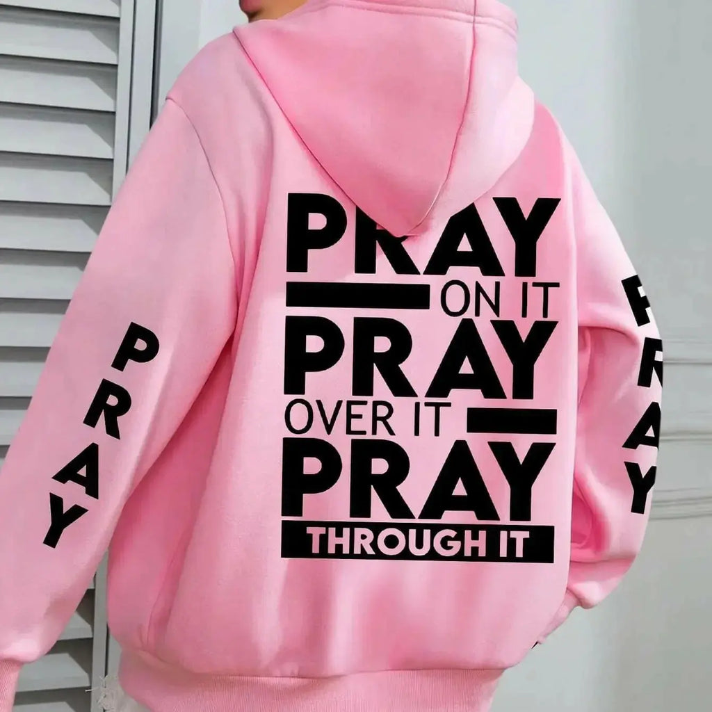 Plus size women's PRAY print kangaroo pocket hoodie by Plush Fashion Hub, cozy casual pullover with faith-themed design.