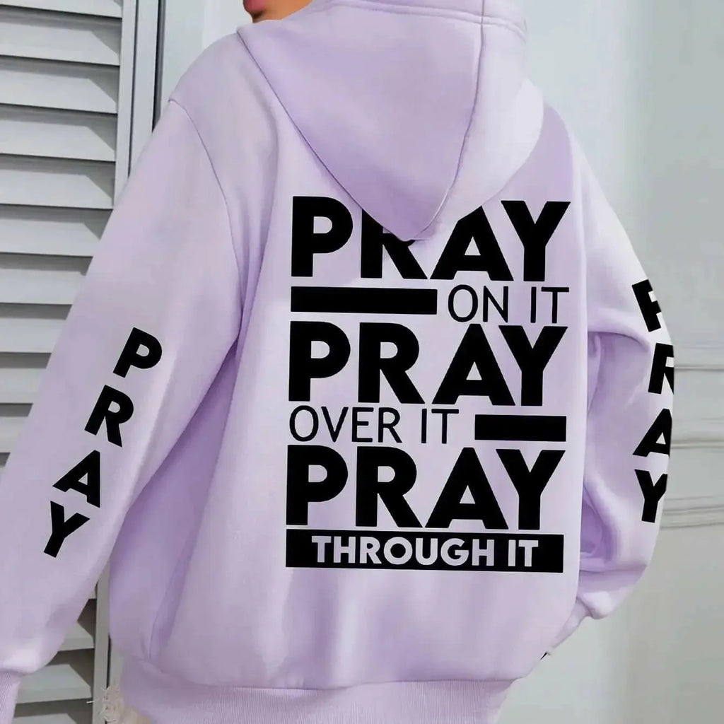 Plus size women's PRAY print kangaroo pocket hoodie by Plush Fashion Hub, cozy casual pullover with faith-themed design.