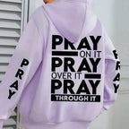 Plus size women's PRAY print kangaroo pocket hoodie by Plush Fashion Hub, cozy casual pullover with faith-themed design.