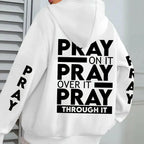 Plus size women's hoodie with PRAY print, kangaroo pocket, cozy casual pullover by Plush Fashion Hub.