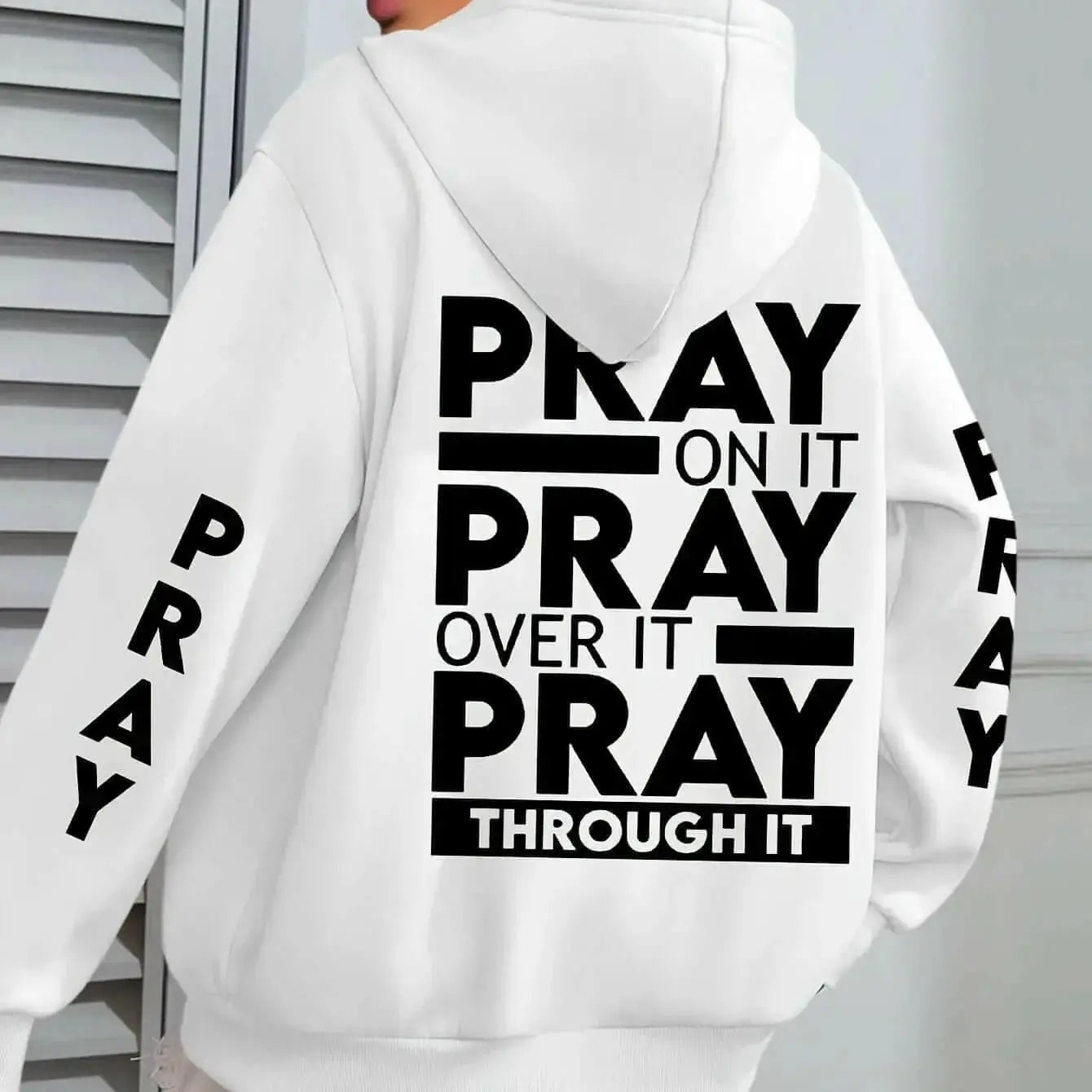 Plus size women's hoodie with PRAY print, kangaroo pocket, cozy casual pullover by Plush Fashion Hub.