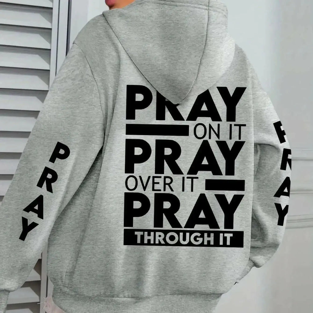 Plus size women's PRAY print kangaroo pocket hoodie by Plush Fashion Hub, cozy casual pullover with faith-themed design.