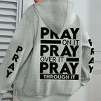Plus size women's PRAY print kangaroo pocket hoodie by Plush Fashion Hub, cozy casual pullover with faith-themed design.