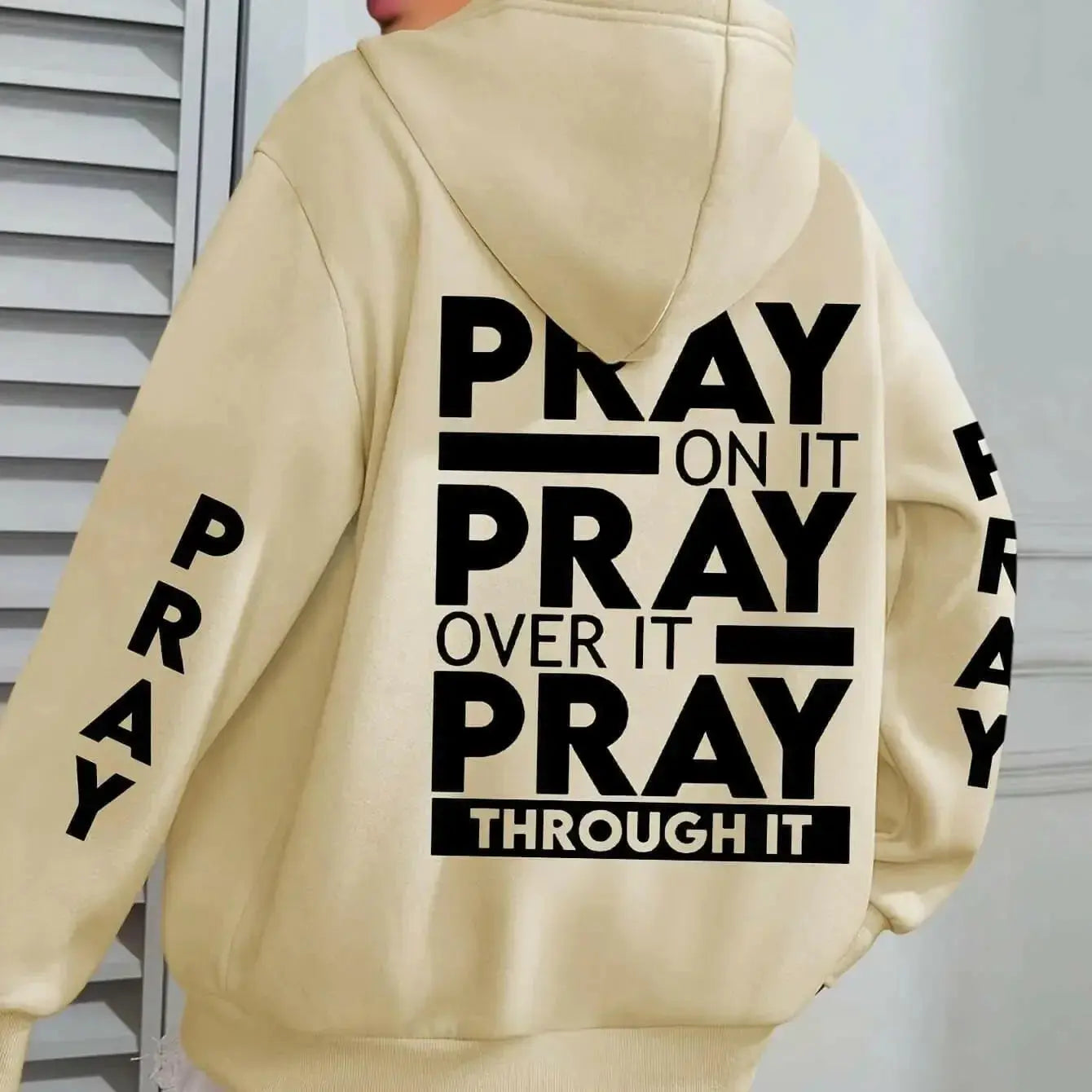 Plus size women's PRAY print kangaroo pocket hoodie by Plush Fashion Hub, cozy casual pullover with faith-themed design.