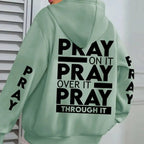 Plus size women's hoodie with PRAY print and kangaroo pocket, cozy casual pullover by Plush Fashion Hub.