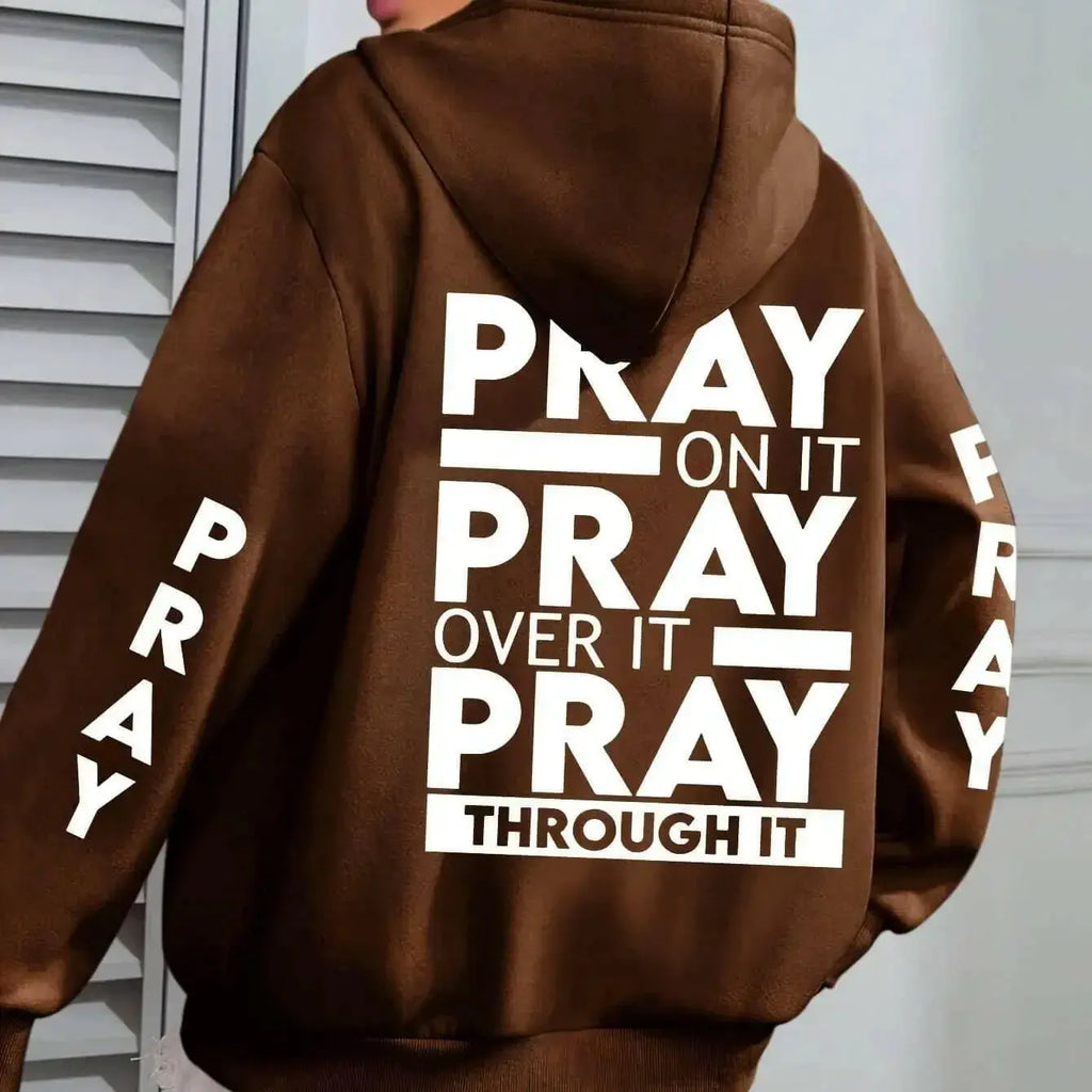 Plus size women's hoodie with PRAY print, kangaroo pocket, cozy casual pullover by Plush Fashion Hub, perfect for comfortable faith-inspired style.