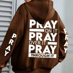 Plus size women's hoodie with PRAY print, kangaroo pocket, cozy casual pullover by Plush Fashion Hub, perfect for comfortable faith-inspired style.