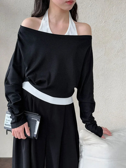 Patchwork Fake Two-Piece Halterneck Off-Shoulder Top - Plush Fashion Hub