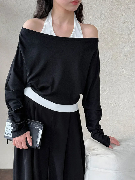 Patchwork Fake Two-Piece Halterneck Off-Shoulder Top - Plush Fashion Hub