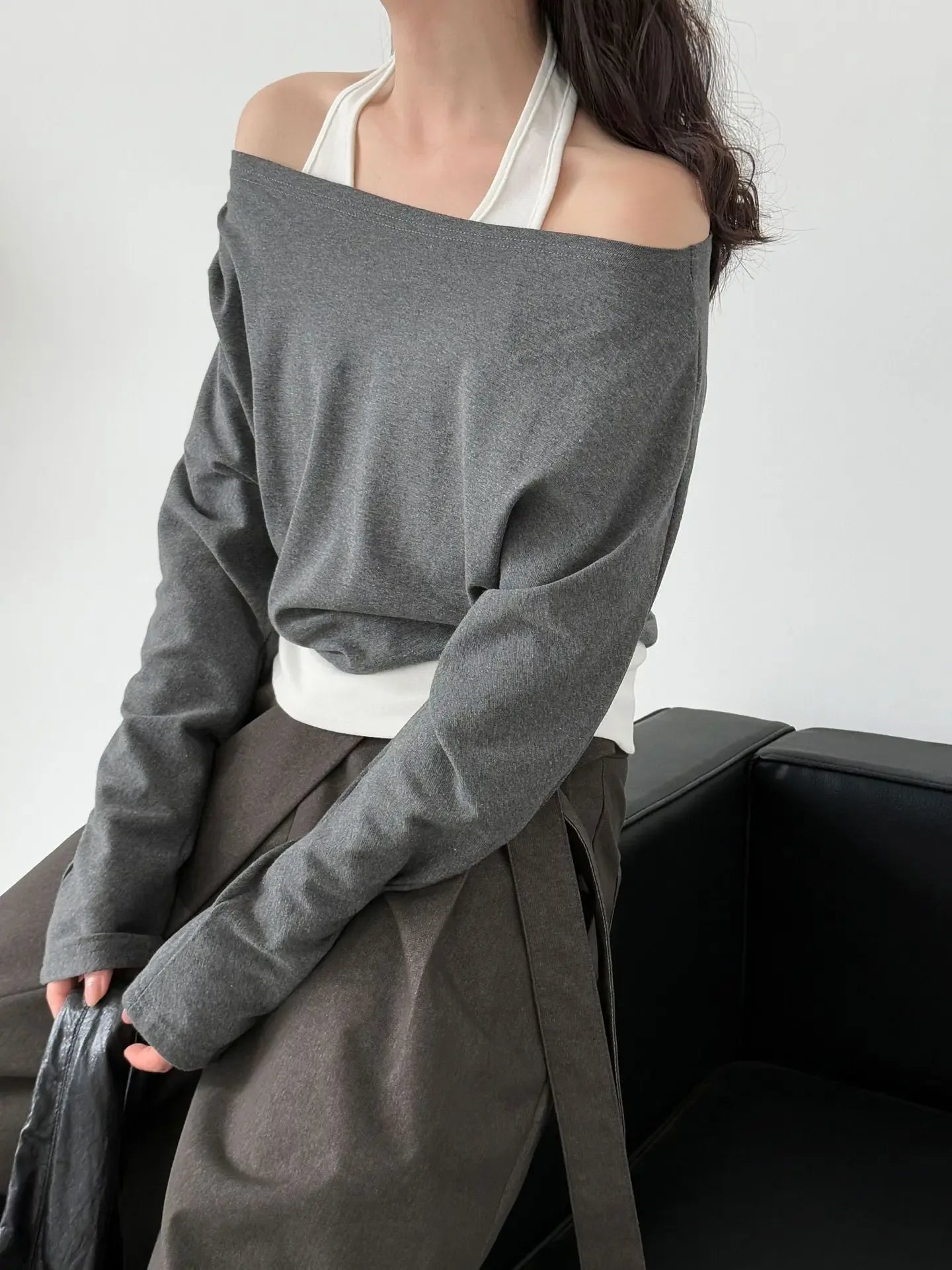 Patchwork Fake Two-Piece Halterneck Off-Shoulder Top - Plush Fashion Hub