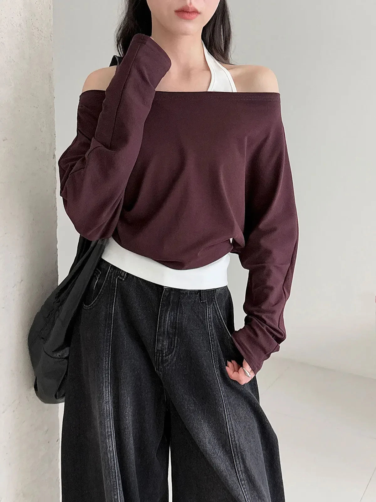 Patchwork Fake Two-Piece Halterneck Off-Shoulder Top - Plush Fashion Hub