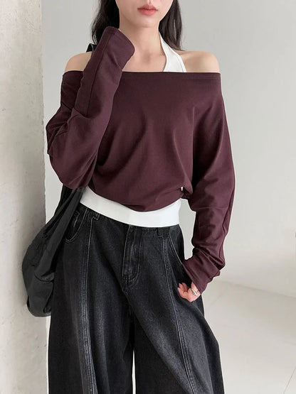 Patchwork Fake Two-Piece Halterneck Off-Shoulder Top - Plush Fashion Hub