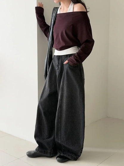 Patchwork Fake Two-Piece Halterneck Off-Shoulder Top - Plush Fashion Hub