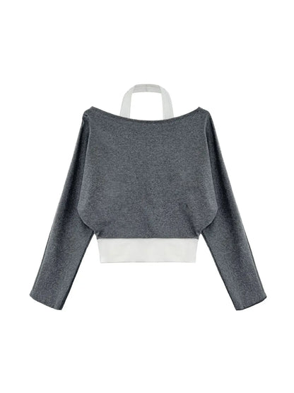 Patchwork Fake Two-Piece Halterneck Off-Shoulder Top - Plush Fashion Hub