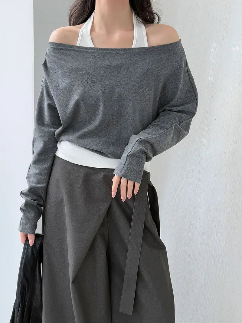 Patchwork Fake Two-Piece Halterneck Off-Shoulder Top - Plush Fashion Hub