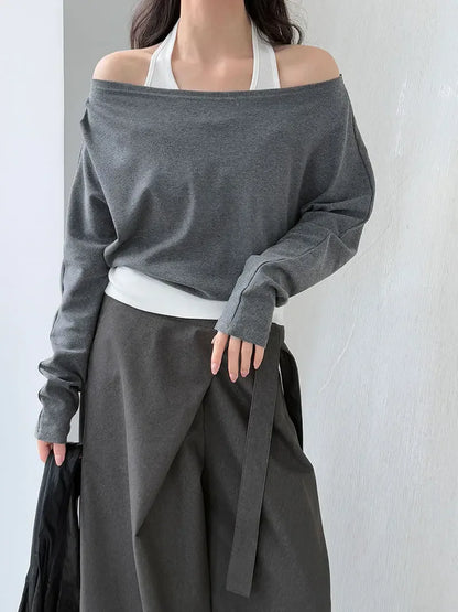 Patchwork Fake Two-Piece Halterneck Off-Shoulder Top - Plush Fashion Hub