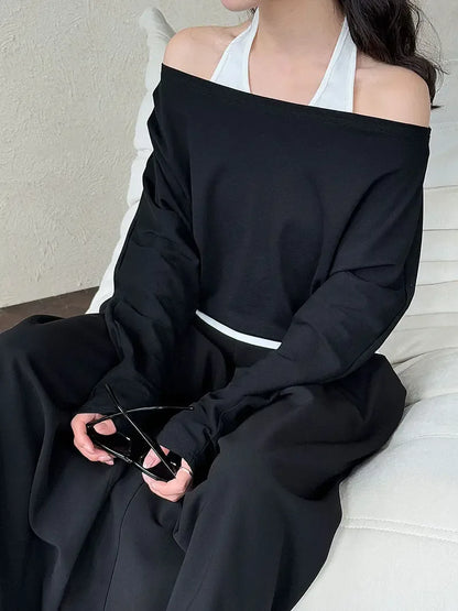 Patchwork Fake Two-Piece Halterneck Off-Shoulder Top - Plush Fashion Hub